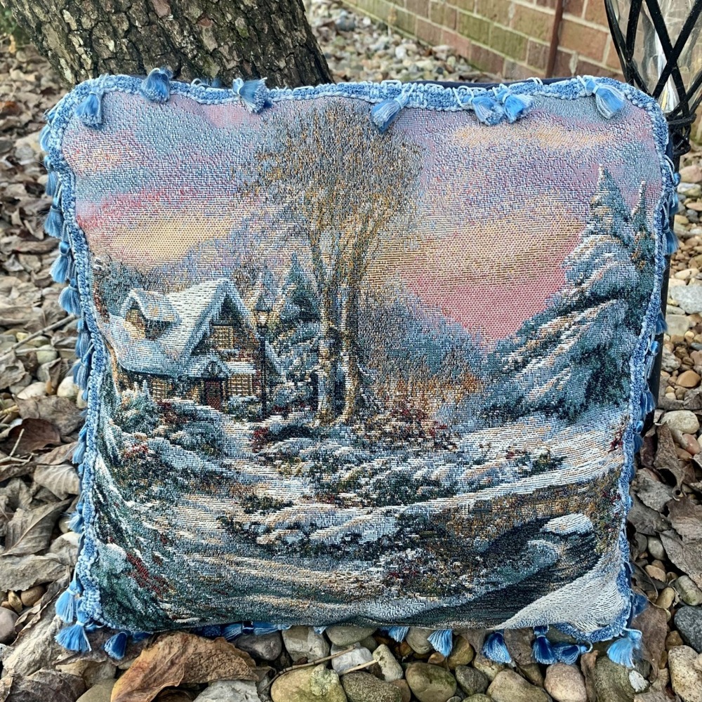 Winter Cabin Tapestry Throw Pillow Winter Scene Home Decor Blue Tassels Holiday